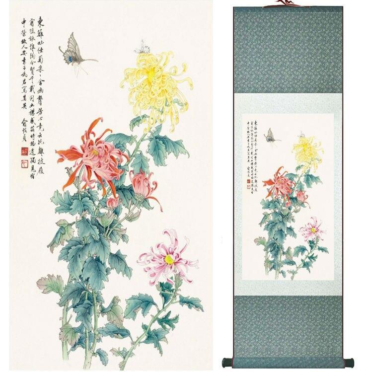 Chinese Art Scroll Painting Butterfly And Chrysanthemum Ancient Silk Picture Wall Ideas 14150-Chinese Style Finds™