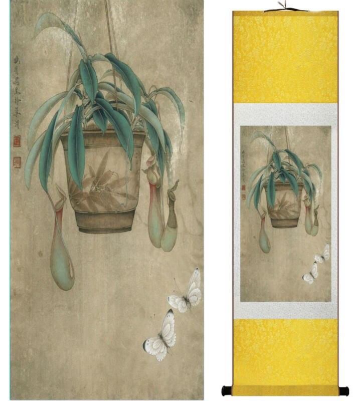 Chinese Art Scroll Painting Butterfly And Flower Ancient Silk Picture Wall Ideas 13746-Chinese Style Finds™