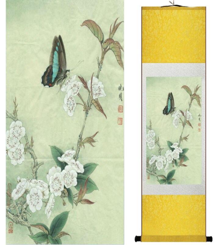 Chinese Art Scroll Painting Butterfly And Flower Ancient Silk Picture Wall Ideas 13770-Chinese Style Finds™