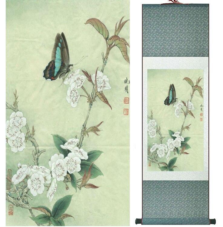 Chinese Art Scroll Painting Butterfly And Flower Ancient Silk Picture Wall Ideas 13770-Chinese Style Finds™