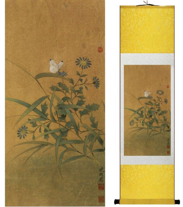 Chinese Art Scroll Painting Butterfly And Flower Ancient Silk Picture Wall Ideas 13946-Chinese Style Finds™