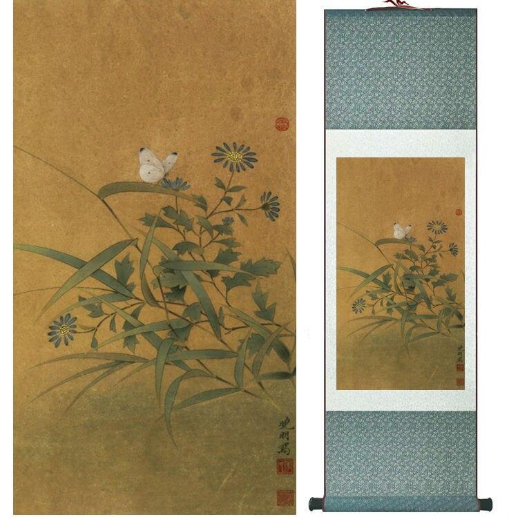 Chinese Art Scroll Painting Butterfly And Flower Ancient Silk Picture Wall Ideas 13946-Chinese Style Finds™