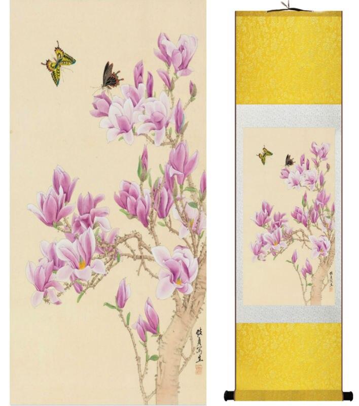 Chinese Art Scroll Painting Butterfly And Flower Ancient Silk Picture Wall Ideas 14102-Chinese Style Finds™