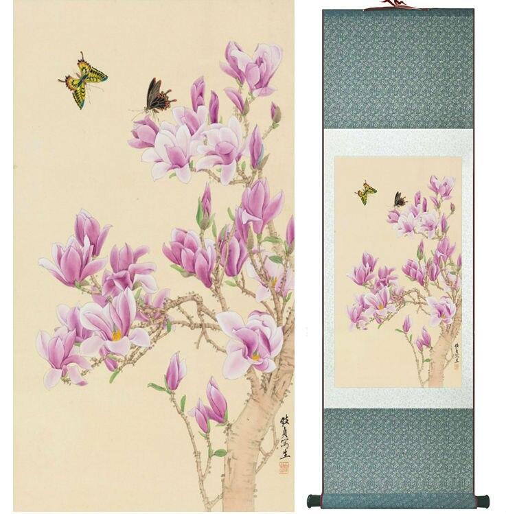 Chinese Art Scroll Painting Butterfly And Flower Ancient Silk Picture Wall Ideas 14102-Chinese Style Finds™