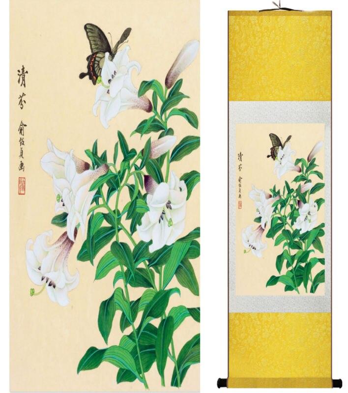 Chinese Art Scroll Painting Butterfly And Flower Ancient Silk Picture Wall Ideas 14146-Chinese Style Finds™