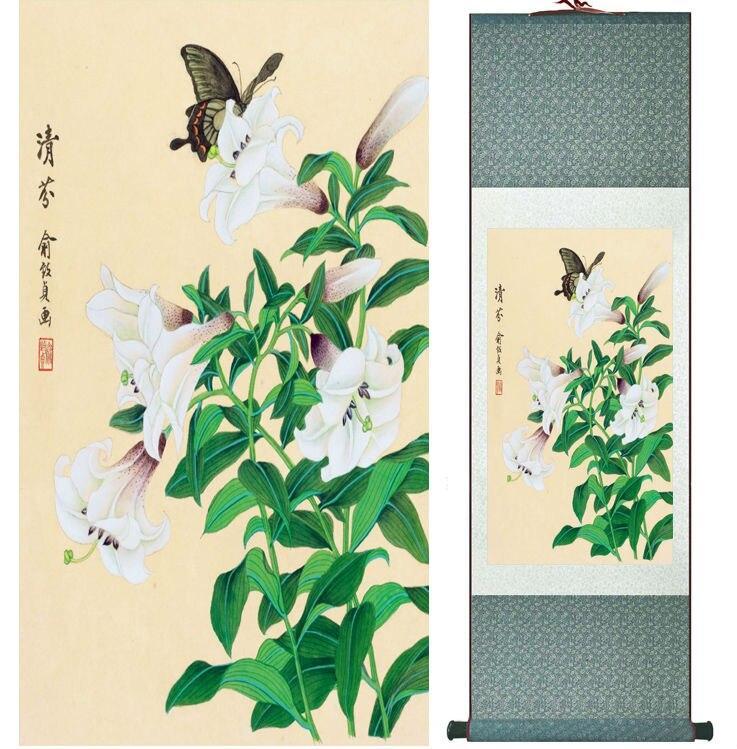 Chinese Art Scroll Painting Butterfly And Flower Ancient Silk Picture Wall Ideas 14146-Chinese Style Finds™