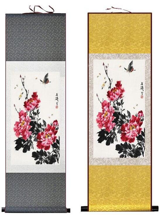 Chinese Art Scroll Painting Butterfly And Flower Peony Ancient Silk Picture Wall Ideas 11878-Chinese Style Finds™