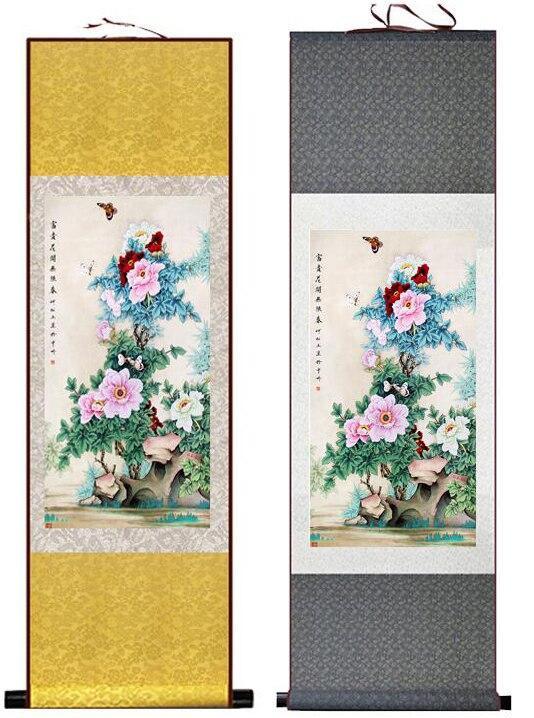 Chinese Art Scroll Painting Butterfly And Flower Peony Ancient Silk Picture Wall Ideas 11882-Chinese Style Finds™