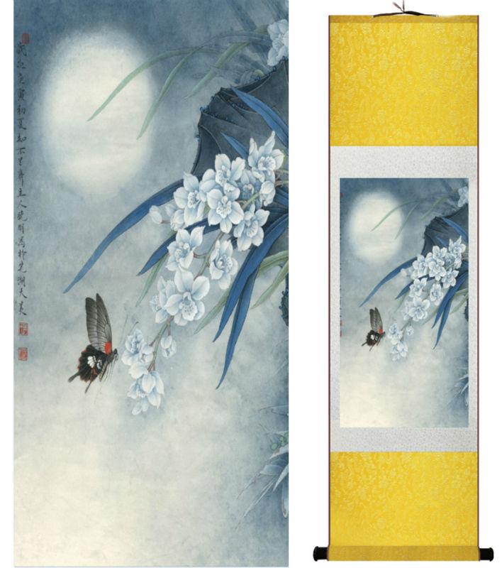 Chinese Art Scroll Painting Butterfly And Flowers Ancient Silk Picture Wall Ideas 13974-Chinese Style Finds™