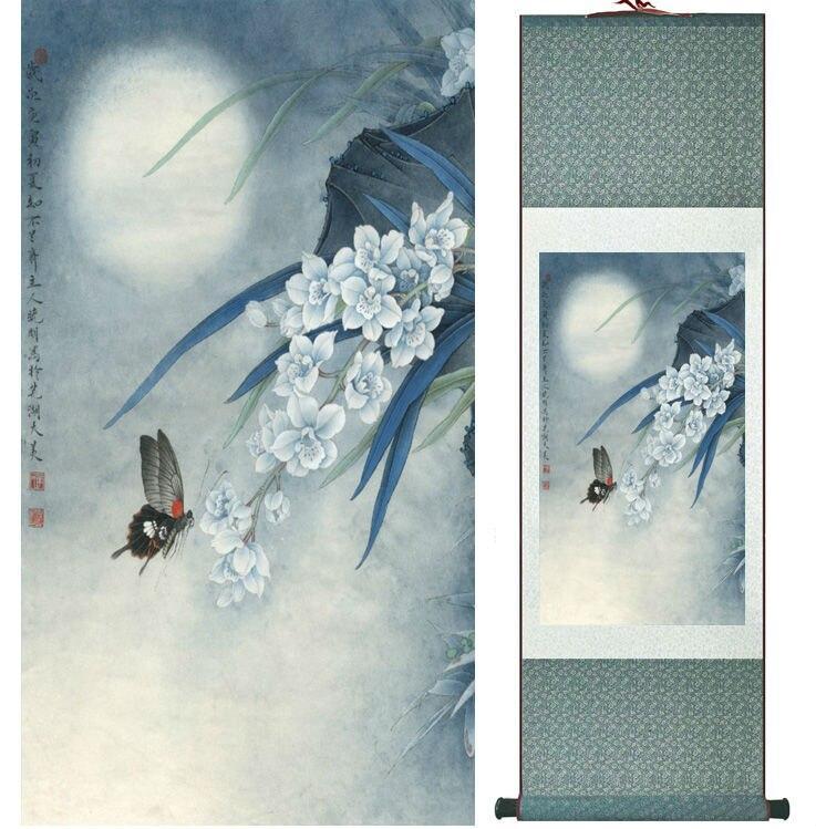 Chinese Art Scroll Painting Butterfly And Flowers Ancient Silk Picture Wall Ideas 13974-Chinese Style Finds™