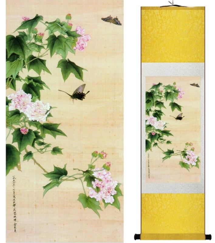 Chinese Art Scroll Painting Butterfly And Flowers Ancient Silk Picture Wall Ideas 14178-Chinese Style Finds™