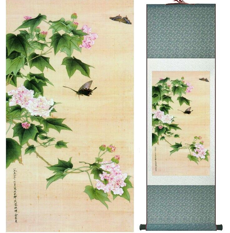 Chinese Art Scroll Painting Butterfly And Flowers Ancient Silk Picture Wall Ideas 14178-Chinese Style Finds™