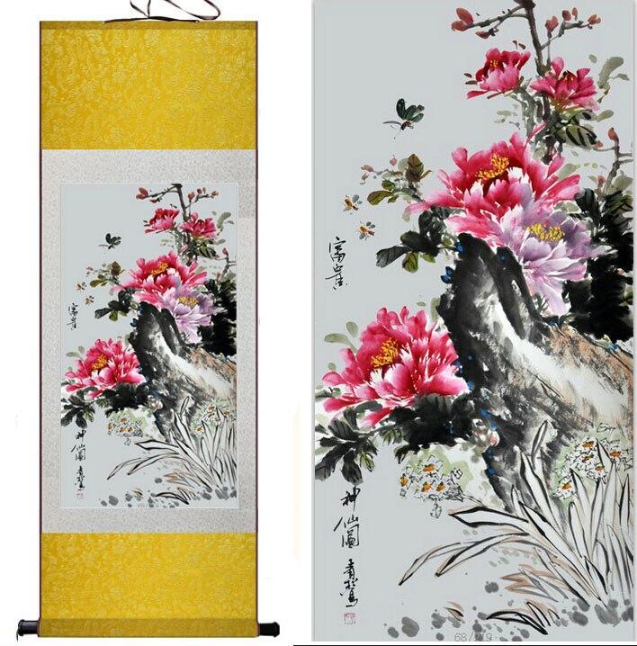 Chinese Art Scroll Painting Butterfly And Flowers Peony Ancient Silk Picture Wall Ideas 11598-Chinese Style Finds™