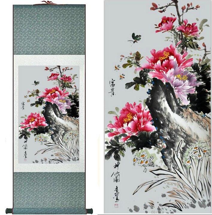 Chinese Art Scroll Painting Butterfly And Flowers Peony Ancient Silk Picture Wall Ideas 11598-Chinese Style Finds™