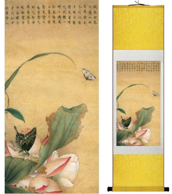 Chinese Art Scroll Painting Butterfly And Lotus Flower Water Lily Ancient Silk Picture Wall Ideas 13798-Chinese Style Finds™