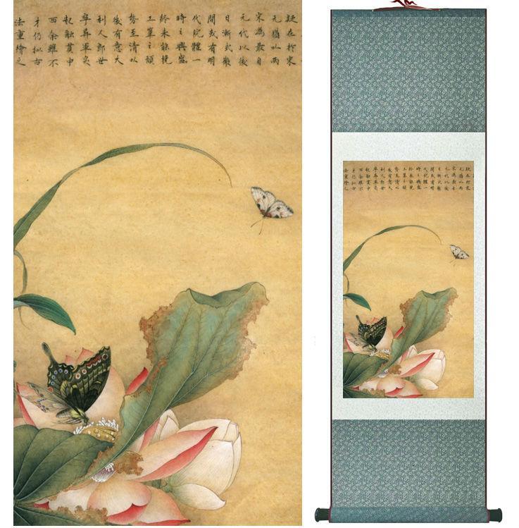 Chinese Art Scroll Painting Butterfly And Lotus Flower Water Lily Ancient Silk Picture Wall Ideas 13798-Chinese Style Finds™