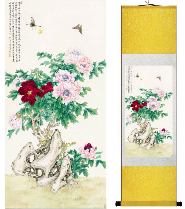 Chinese Art Scroll Painting Butterfly And Peony Flower Ancient Silk Picture Wall Ideas 14222-Chinese Style Finds™