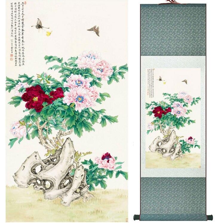 Chinese Art Scroll Painting Butterfly And Peony Flower Ancient Silk Picture Wall Ideas 14222-Chinese Style Finds™