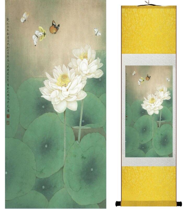 Chinese Art Scroll Painting Butterfly And Water Lily Ancient Silk Picture Wall Ideas 13778-Chinese Style Finds™