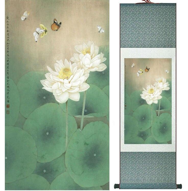 Chinese Art Scroll Painting Butterfly And Water Lily Ancient Silk Picture Wall Ideas 13778-Chinese Style Finds™