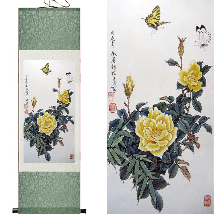 Chinese Art Scroll Painting Buttlefly And Flowers Ancient Silk Picture Wall Ideas 11070-Chinese Style Finds™