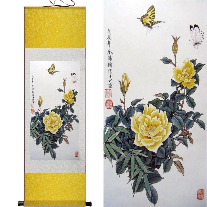 Chinese Art Scroll Painting Buttlefly And Flowers Ancient Silk Picture Wall Ideas 11070-Chinese Style Finds™