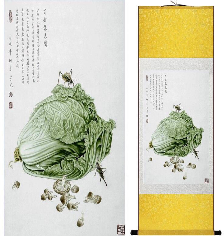 Chinese Art Scroll Painting Cabbage Ancient Silk Picture Wall Ideas 12082-Chinese Style Finds™