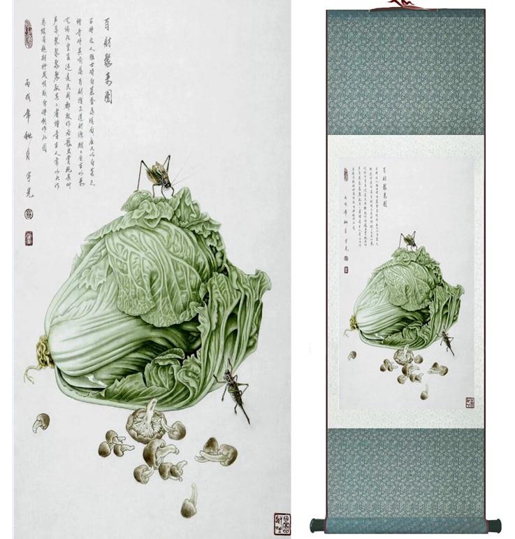 Chinese Art Scroll Painting Cabbage Ancient Silk Picture Wall Ideas 12082-Chinese Style Finds™