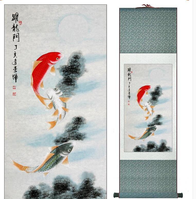 Chinese Art Scroll Painting Carps Jumping Over Dragon Gate Ancient Silk Picture Wall Ideas 10660-Chinese Style Finds™