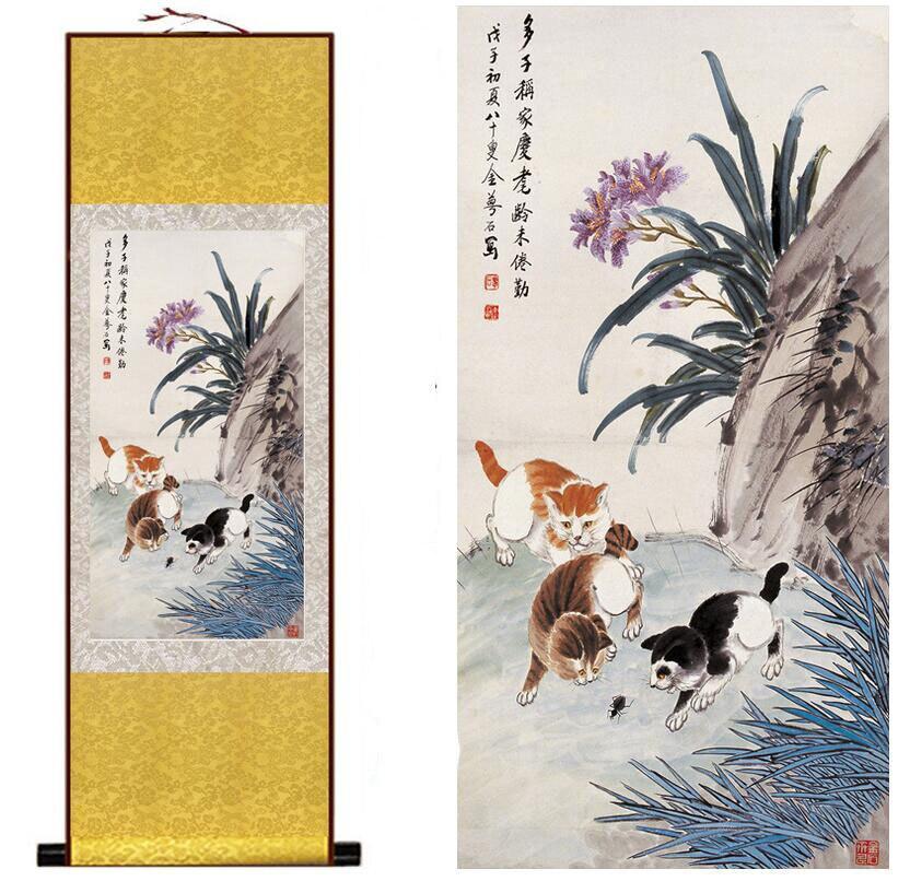 Chinese Art Scroll Painting Cat And Flower Ancient Silk Picture Wall Ideas 12194-Chinese Style Finds™