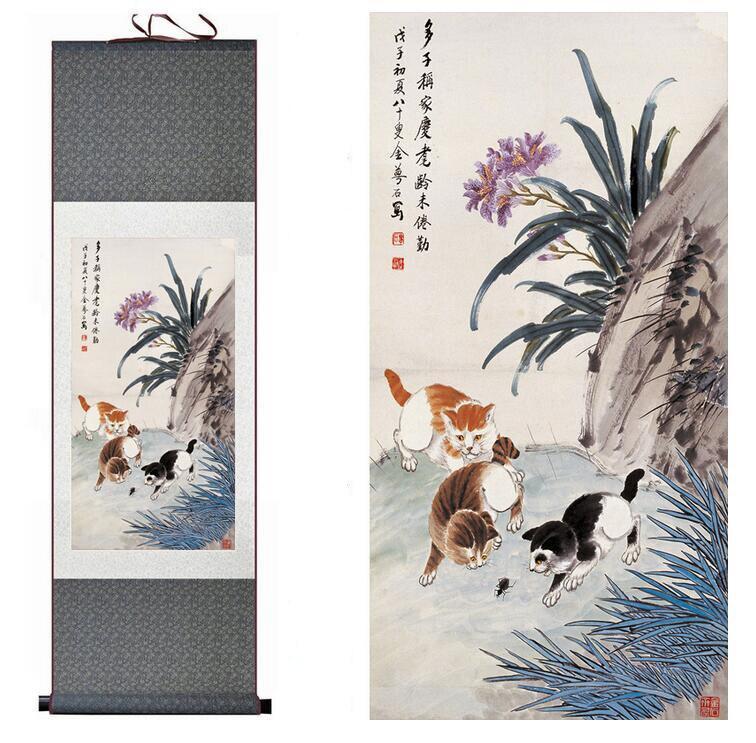 Chinese Art Scroll Painting Cat And Flower Ancient Silk Picture Wall Ideas 12194-Chinese Style Finds™