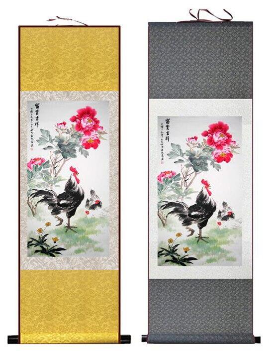 Chinese Art Scroll Painting Chiken And Flower Rooster Ancient Silk Picture Wall Ideas 11870-Chinese Style Finds™