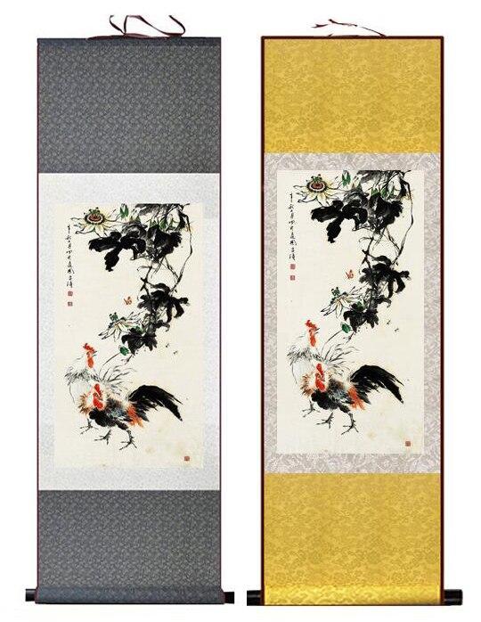 Chinese Art Scroll Painting Chiken And Flower Rooster Ancient Silk Picture Wall Ideas 11874-Chinese Style Finds™