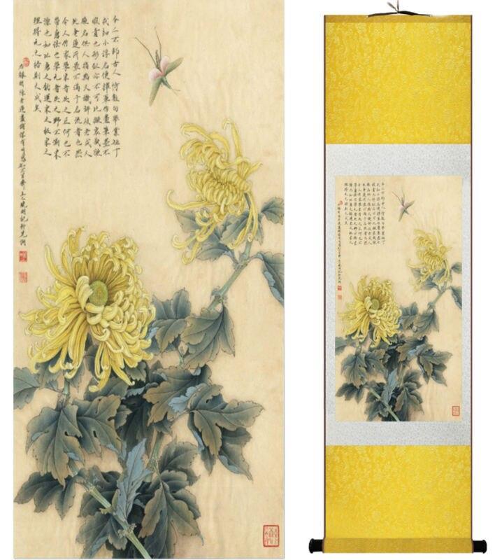 Chinese Art Scroll Painting Chrysanthemum Autumn Ancient Silk Picture Wall Ideas 13782-Chinese Style Finds™