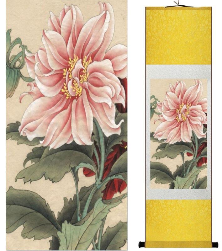 Chinese Art Scroll Painting Chrysanthemum Flower Ancient Silk Picture Wall Ideas 13922-Chinese Style Finds™