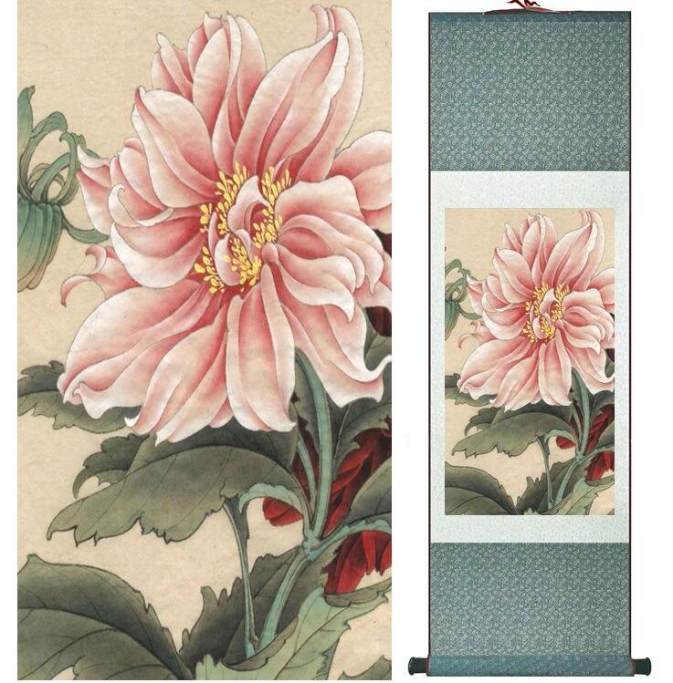 Chinese Art Scroll Painting Chrysanthemum Flower Ancient Silk Picture Wall Ideas 13922-Chinese Style Finds™