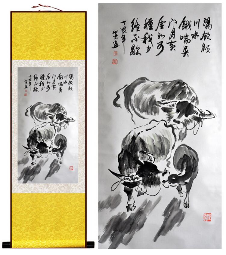 Chinese Art Scroll Painting Cow Ancient Silk Picture Wall Ideas 12746-Chinese Style Finds™