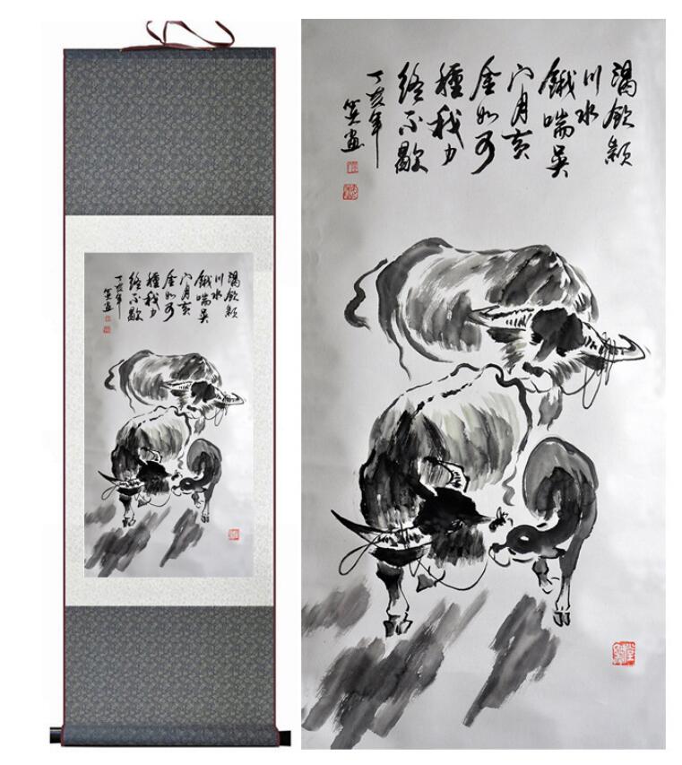 Chinese Art Scroll Painting Cow Ancient Silk Picture Wall Ideas 12746-Chinese Style Finds™