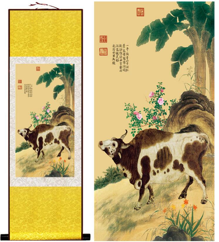 Chinese Art Scroll Painting Cows Ancient Silk Picture Wall Ideas 13274-Chinese Style Finds™