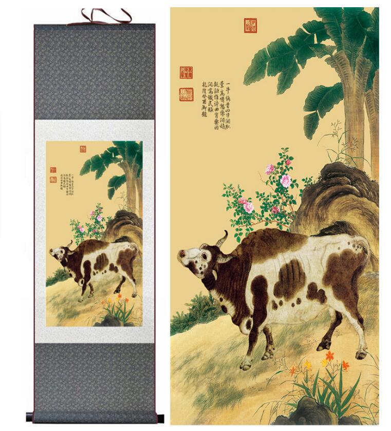 Chinese Art Scroll Painting Cows Ancient Silk Picture Wall Ideas 13274-Chinese Style Finds™