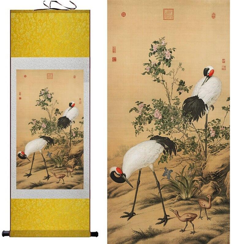 Chinese Art Scroll Painting Crane Ancient Silk Picture Wall Ideas 10868-Chinese Style Finds™