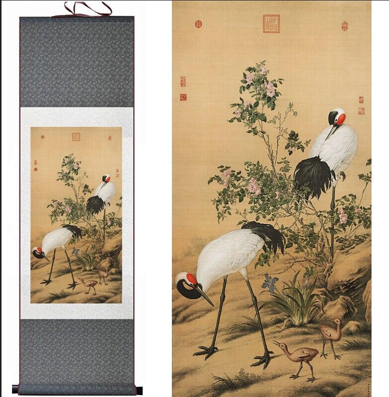 Chinese Art Scroll Painting Crane Ancient Silk Picture Wall Ideas 10868-Chinese Style Finds™