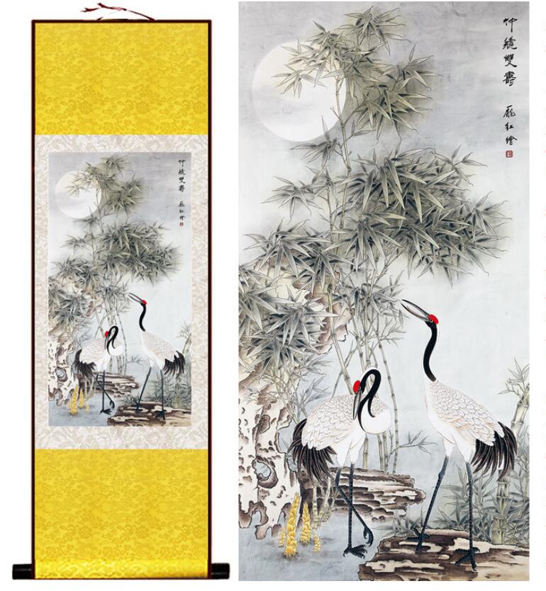 Chinese Art Scroll Painting Crane Ancient Silk Picture Wall Ideas 13278-Chinese Style Finds™