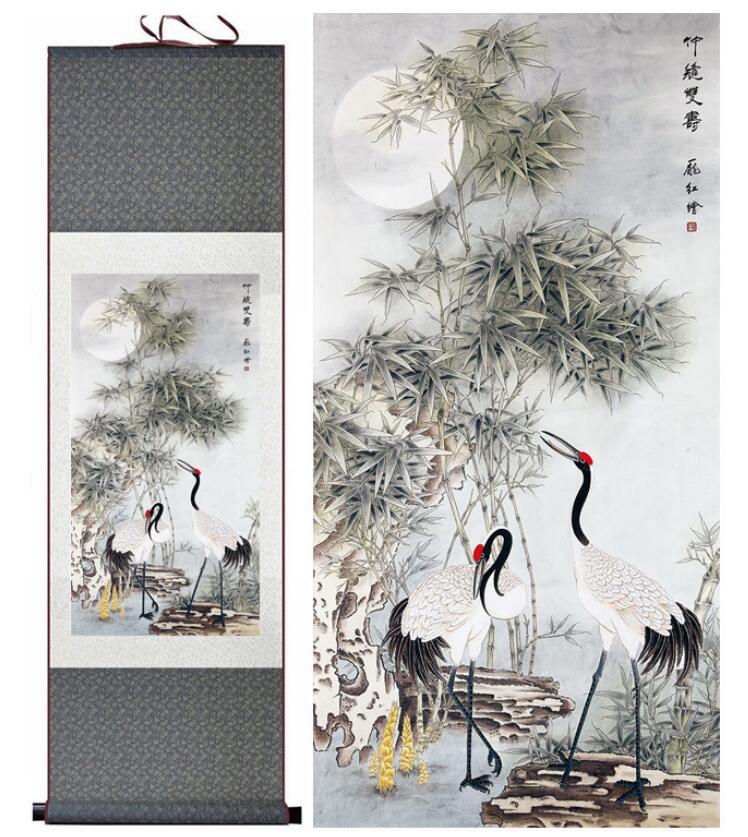 Chinese Art Scroll Painting Crane Ancient Silk Picture Wall Ideas 13278-Chinese Style Finds™