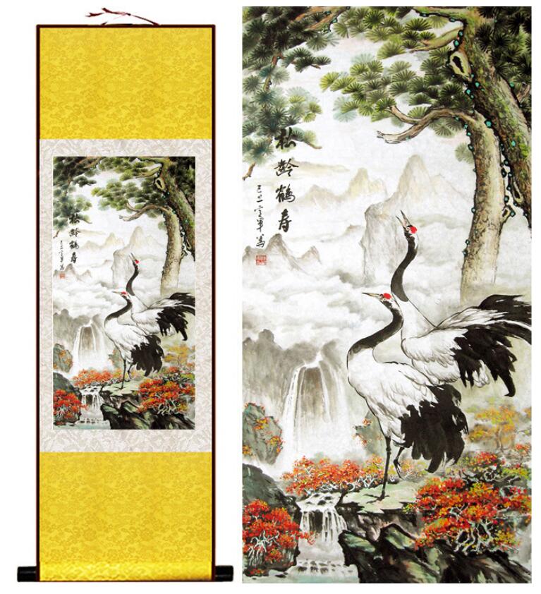 Chinese Art Scroll Painting Crane Ancient Silk Picture Wall Ideas 13282-Chinese Style Finds™