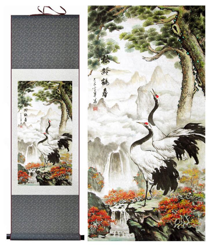 Chinese Art Scroll Painting Crane Ancient Silk Picture Wall Ideas 13282-Chinese Style Finds™