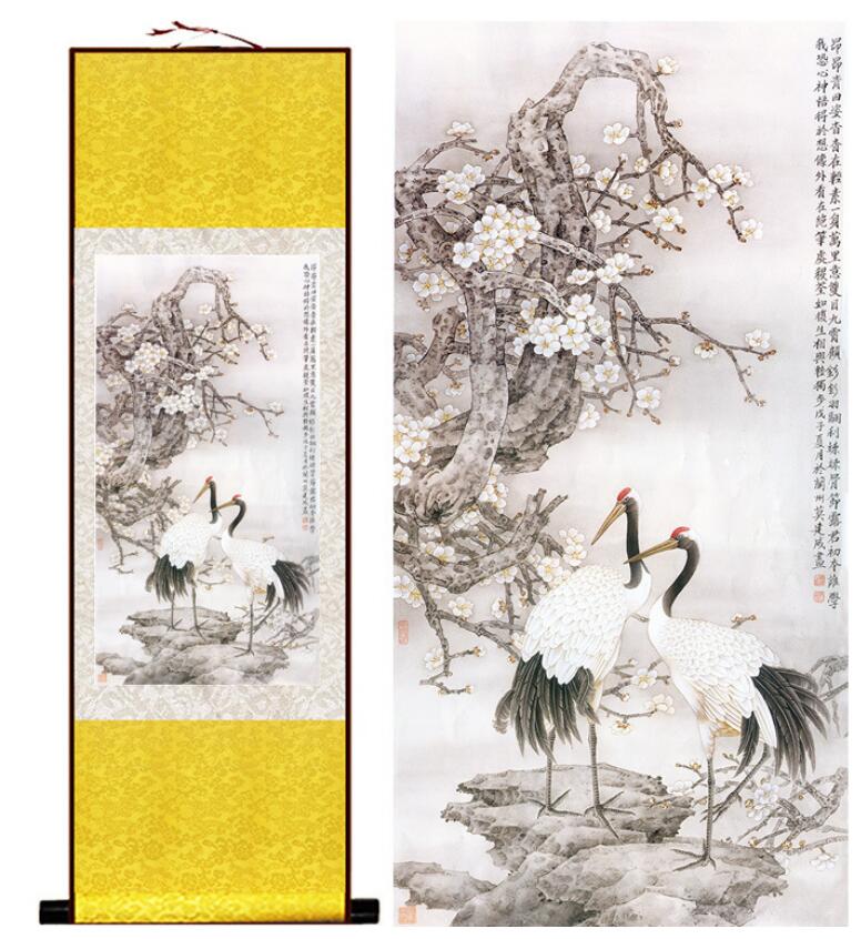 Chinese Art Scroll Painting Crane Ancient Silk Picture Wall Ideas 13302-Chinese Style Finds™