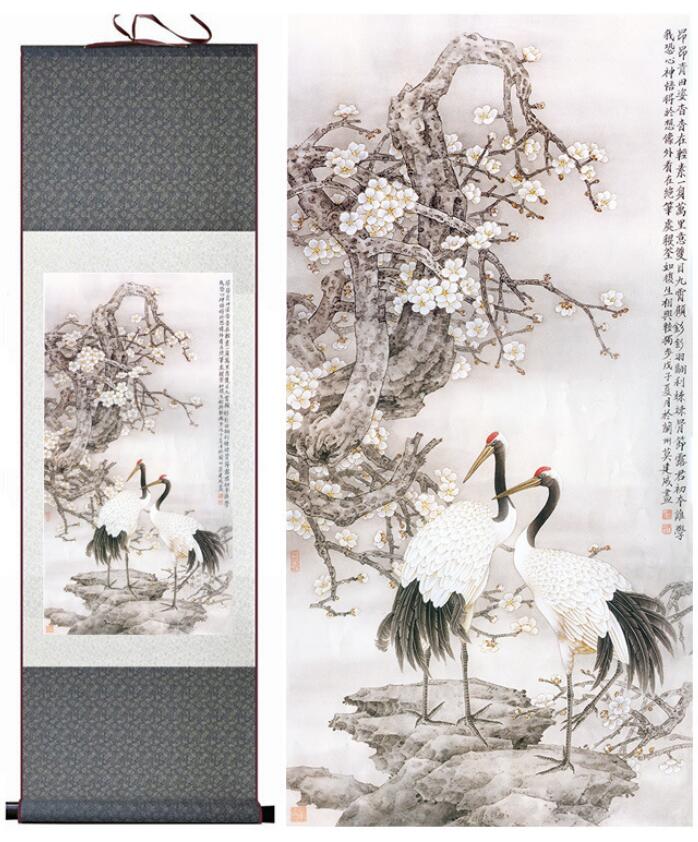 Chinese Art Scroll Painting Crane Ancient Silk Picture Wall Ideas 13302-Chinese Style Finds™