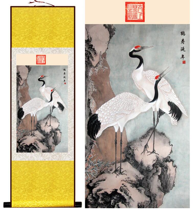 Chinese Art Scroll Painting Crane Ancient Silk Picture Wall Ideas 13322-Chinese Style Finds™