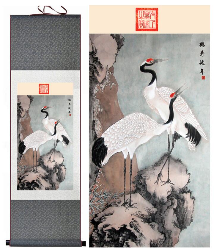 Chinese Art Scroll Painting Crane Ancient Silk Picture Wall Ideas 13322-Chinese Style Finds™